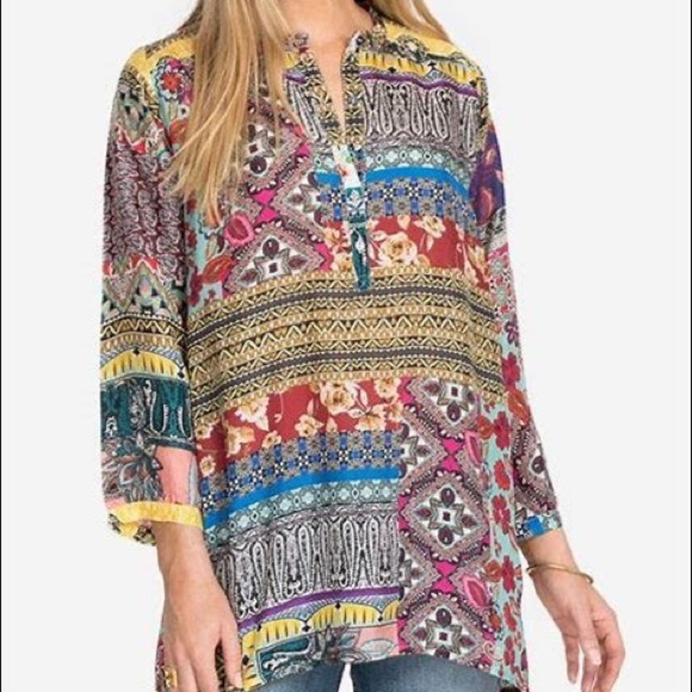 Johnny Was Multi-Color Patchwork V-Neck Tunic